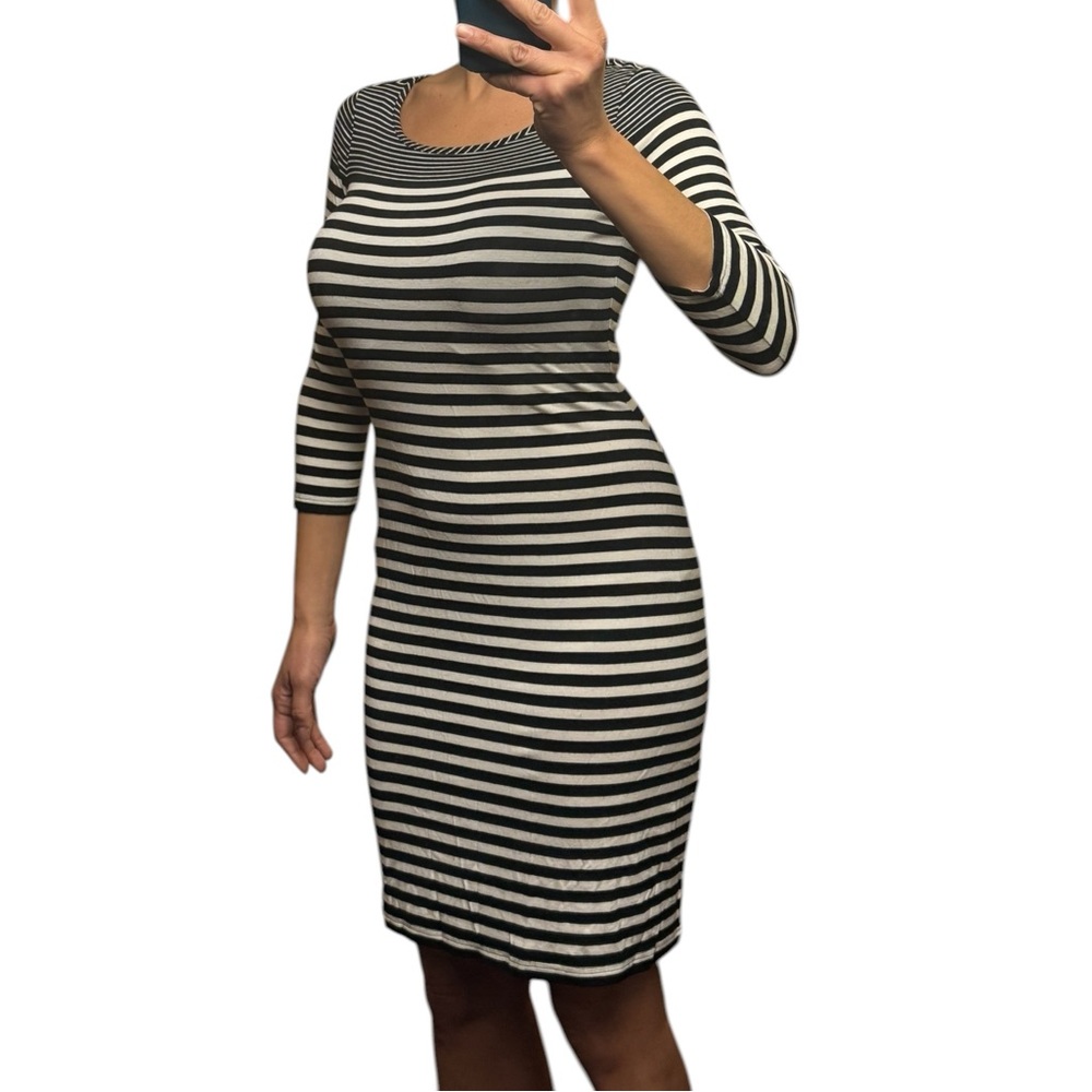 Calvin Klein Black and White Striped Long Sleeve Dress